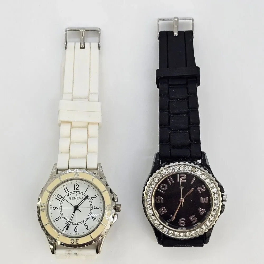 2X Women's Watch 38MM Black White Dial Black White‎ Plastic Bands New Battery